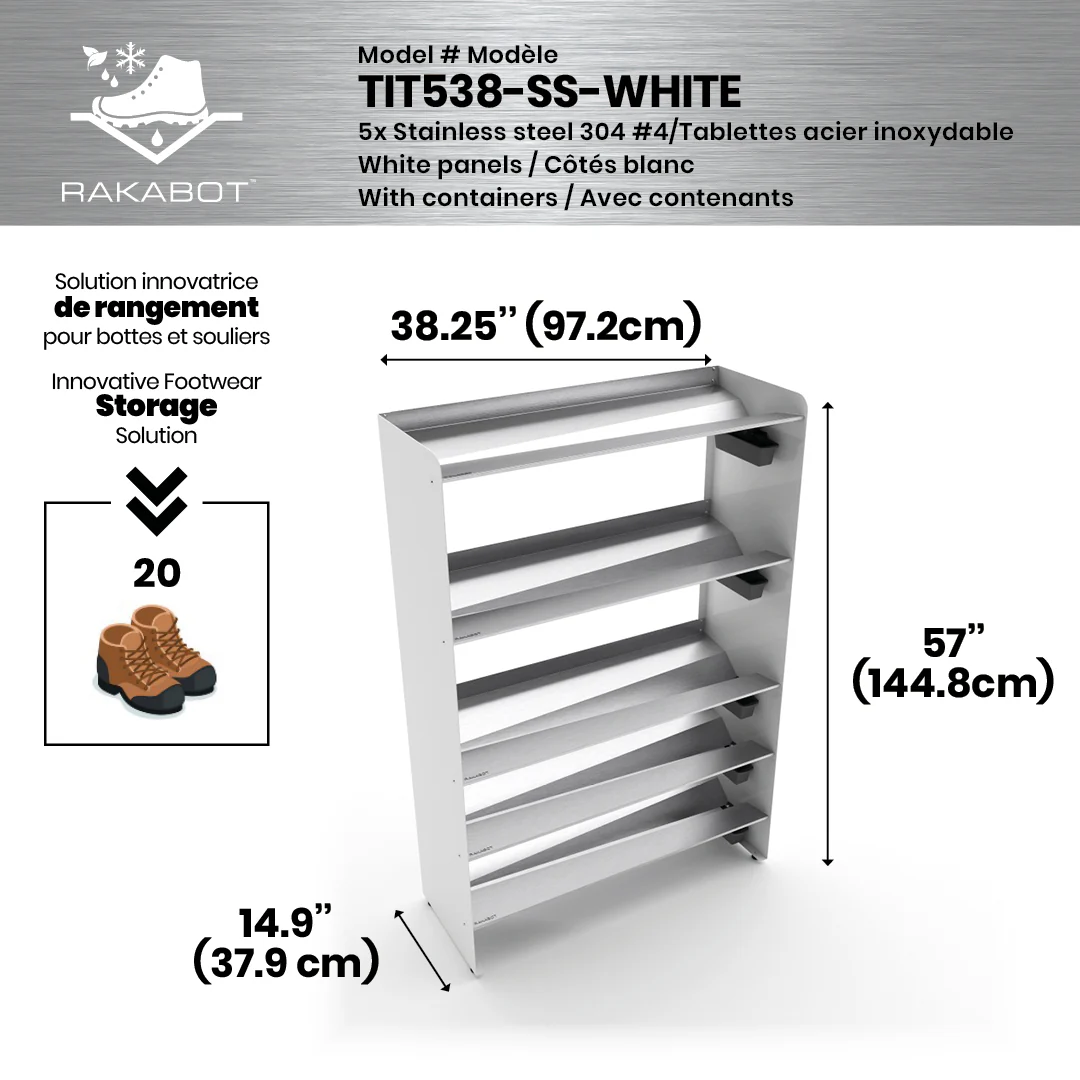 Commercial Boot Rack 38" wide - Rustproof Channeling Water Into Containers 2 to 8 Shelves Rakabot Titan - Image 81