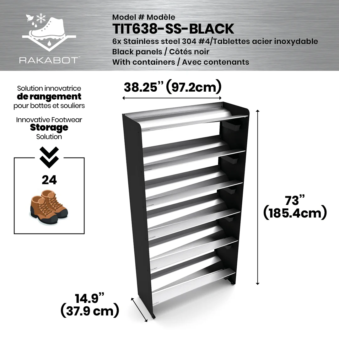 Commercial Boot Rack 38" wide - Rustproof Channeling Water Into Containers 2 to 8 Shelves Rakabot Titan - Image 84