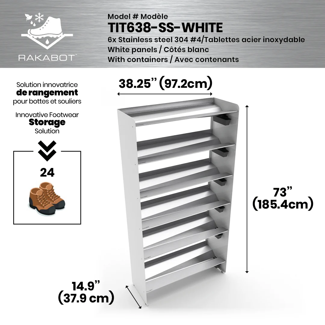 Commercial Boot Rack 38" wide - Rustproof Channeling Water Into Containers 2 to 8 Shelves Rakabot Titan - Image 85