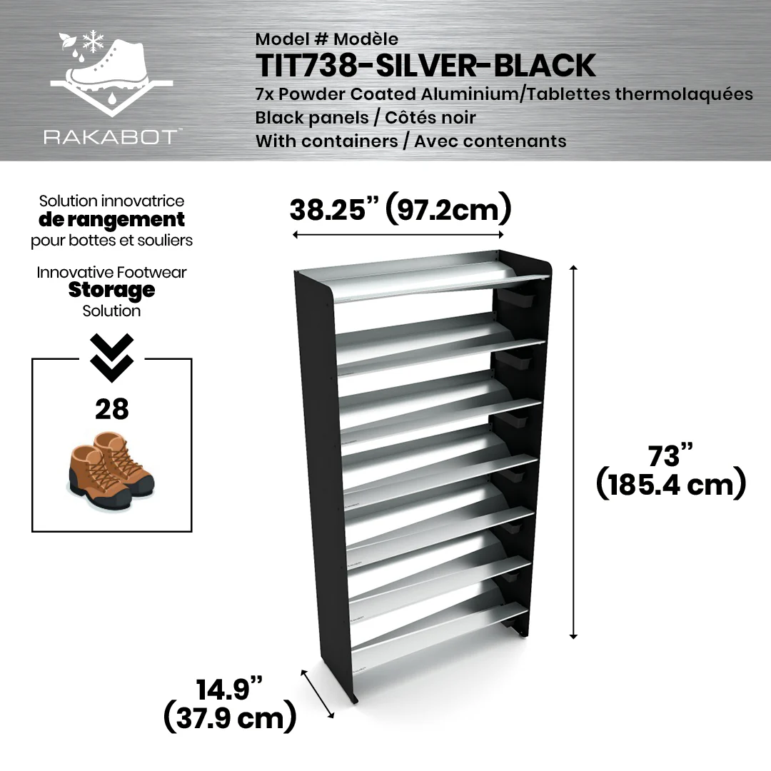 Commercial Boot Rack 38" wide - Rustproof Channeling Water Into Containers 2 to 8 Shelves Rakabot Titan - Image 86