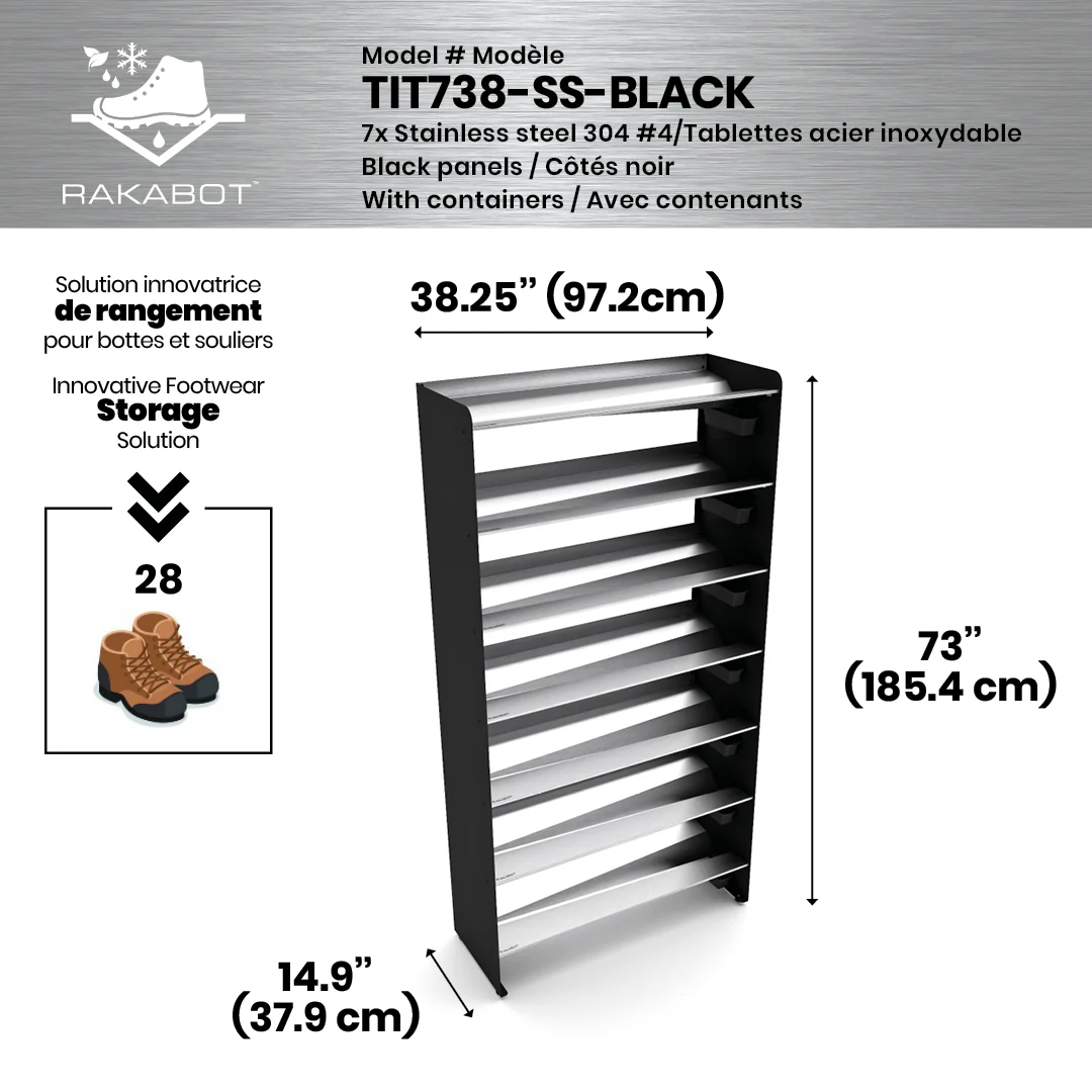 Commercial Boot Rack 38" wide - Rustproof Channeling Water Into Containers 2 to 8 Shelves Rakabot Titan - Image 88