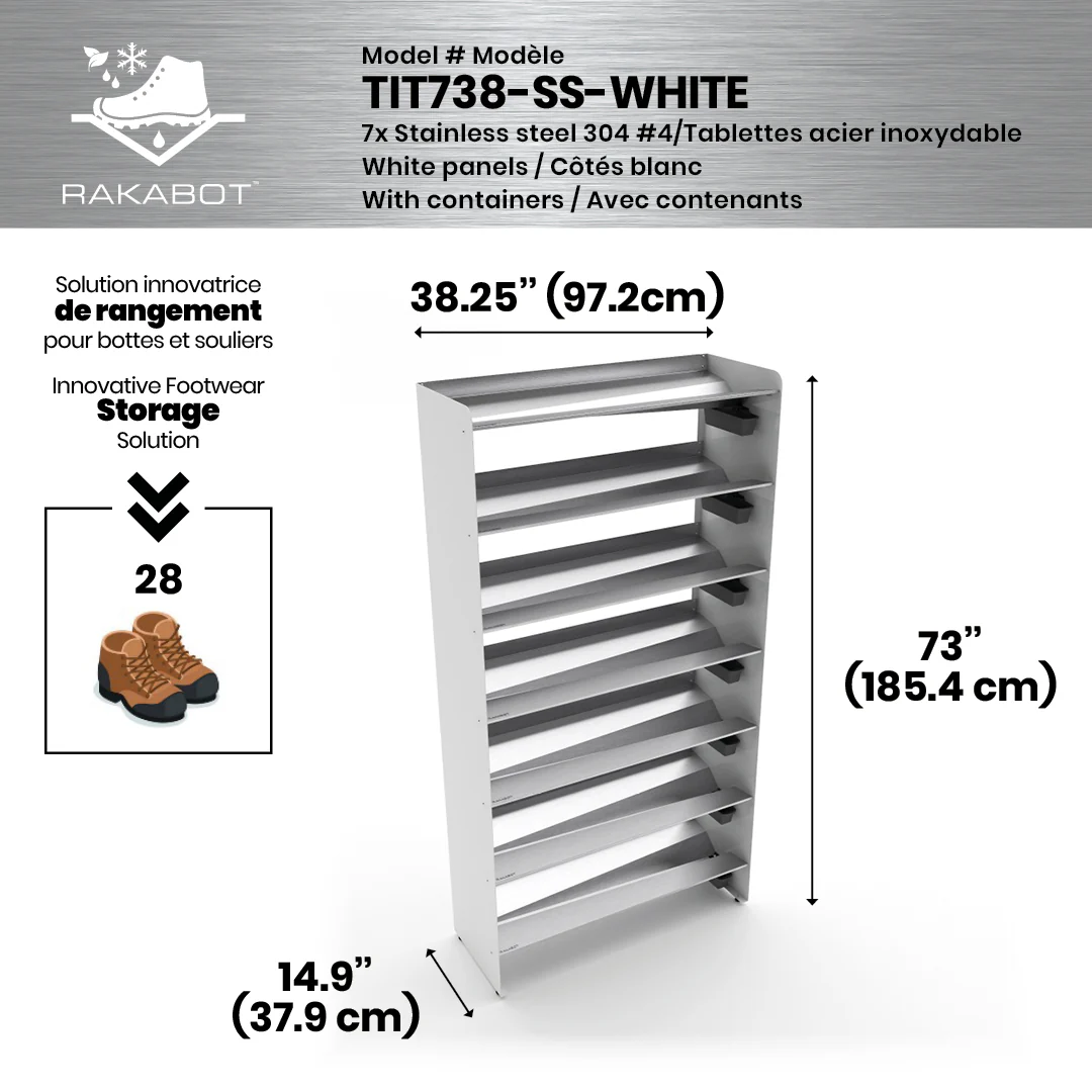 Commercial Boot Rack 38" wide - Rustproof Channeling Water Into Containers 2 to 8 Shelves Rakabot Titan - Image 89
