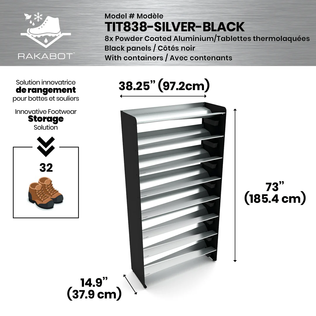 Commercial Boot Rack 38" wide - Rustproof Channeling Water Into Containers 2 to 8 Shelves Rakabot Titan - Image 90