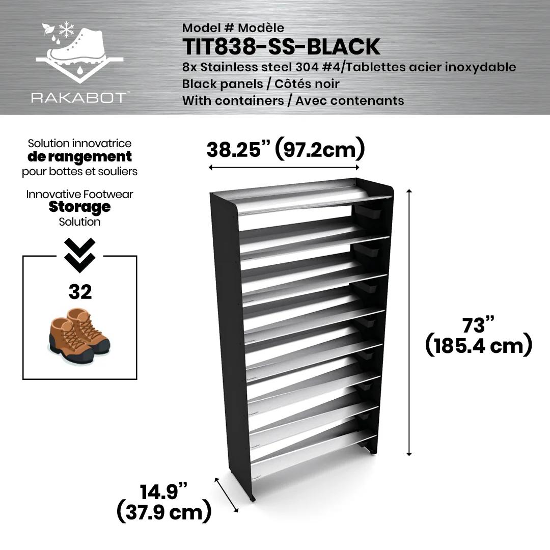 Commercial Boot Rack 38" wide - Rustproof Channeling Water Into Containers 2 to 8 Shelves Rakabot Titan - Image 92