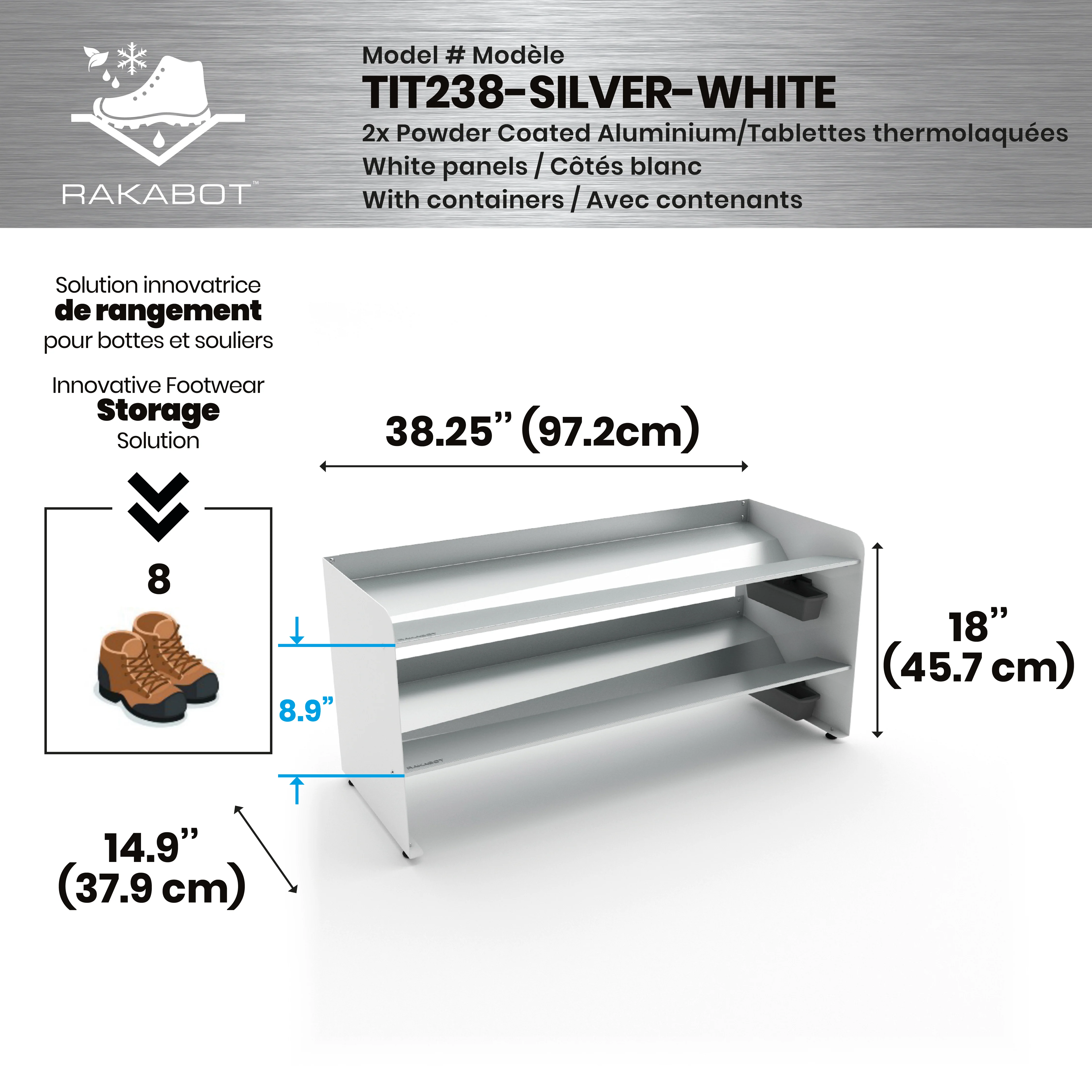 Commercial Boot Rack 38" wide - Rustproof Channeling Water Into Containers 2 to 8 Shelves Rakabot Titan - Image 95