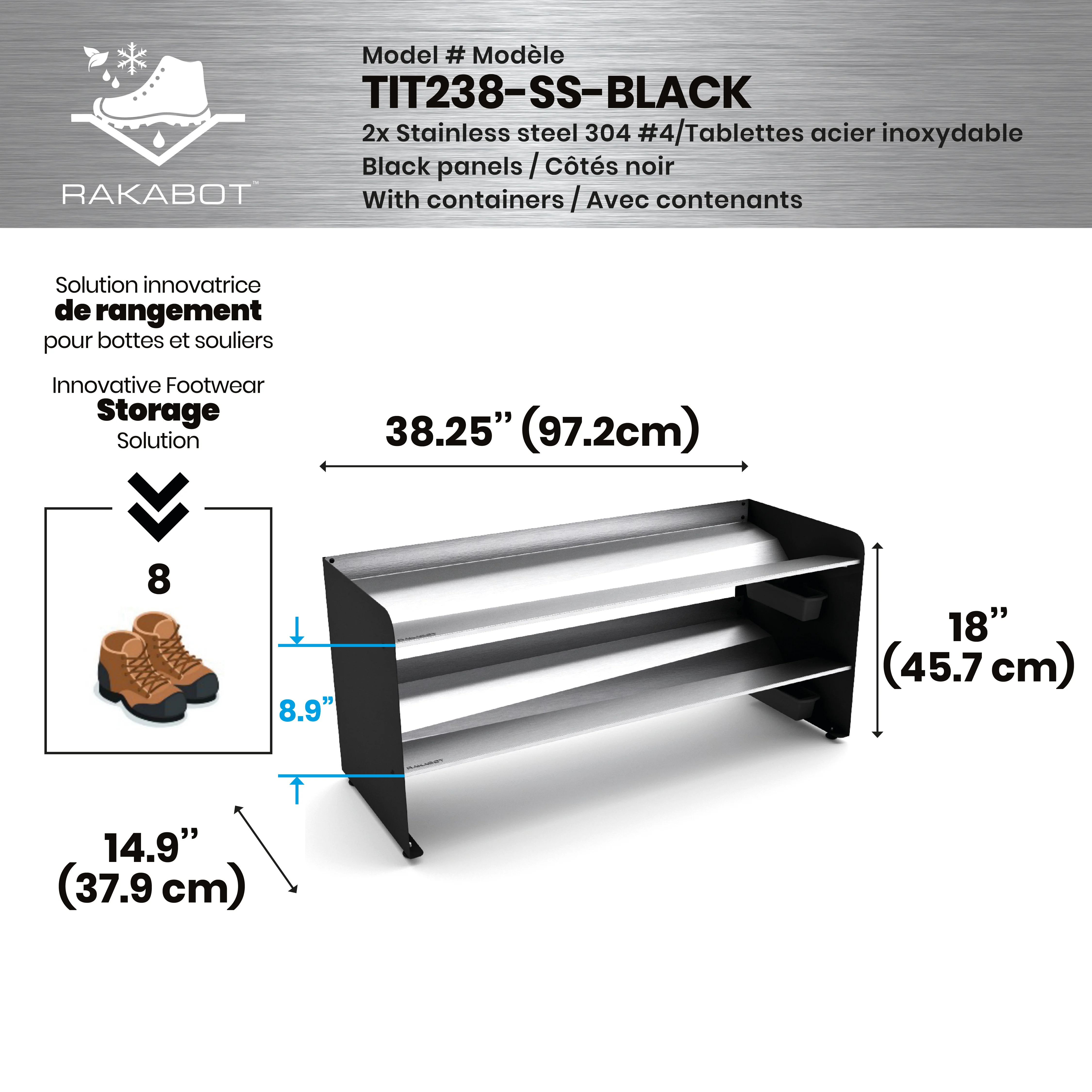 Commercial Boot Rack 38" wide - Rustproof Channeling Water Into Containers 2 to 8 Shelves Rakabot Titan - Image 96