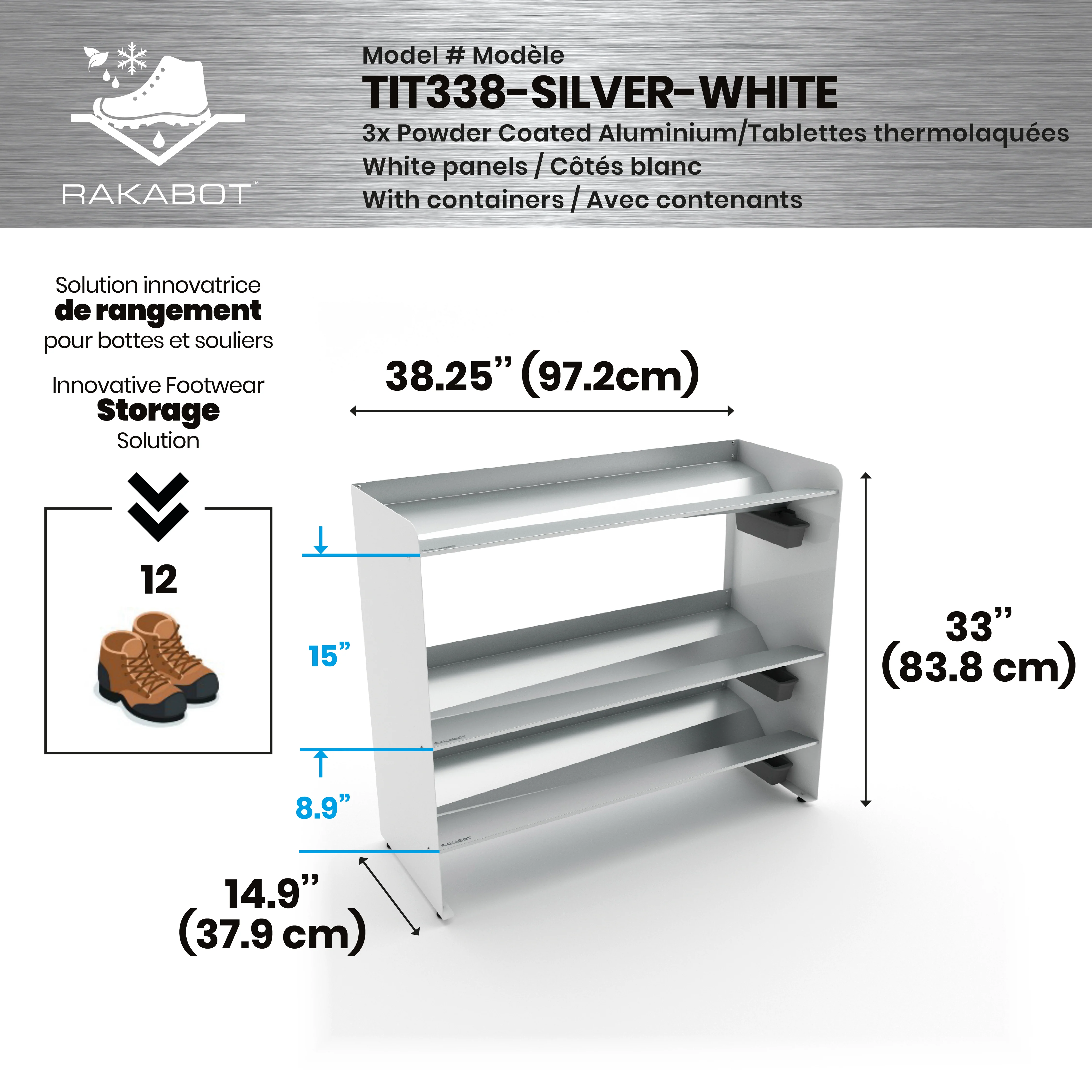 Commercial Boot Rack 38" wide - Rustproof Channeling Water Into Containers 2 to 8 Shelves Rakabot Titan - Image 99