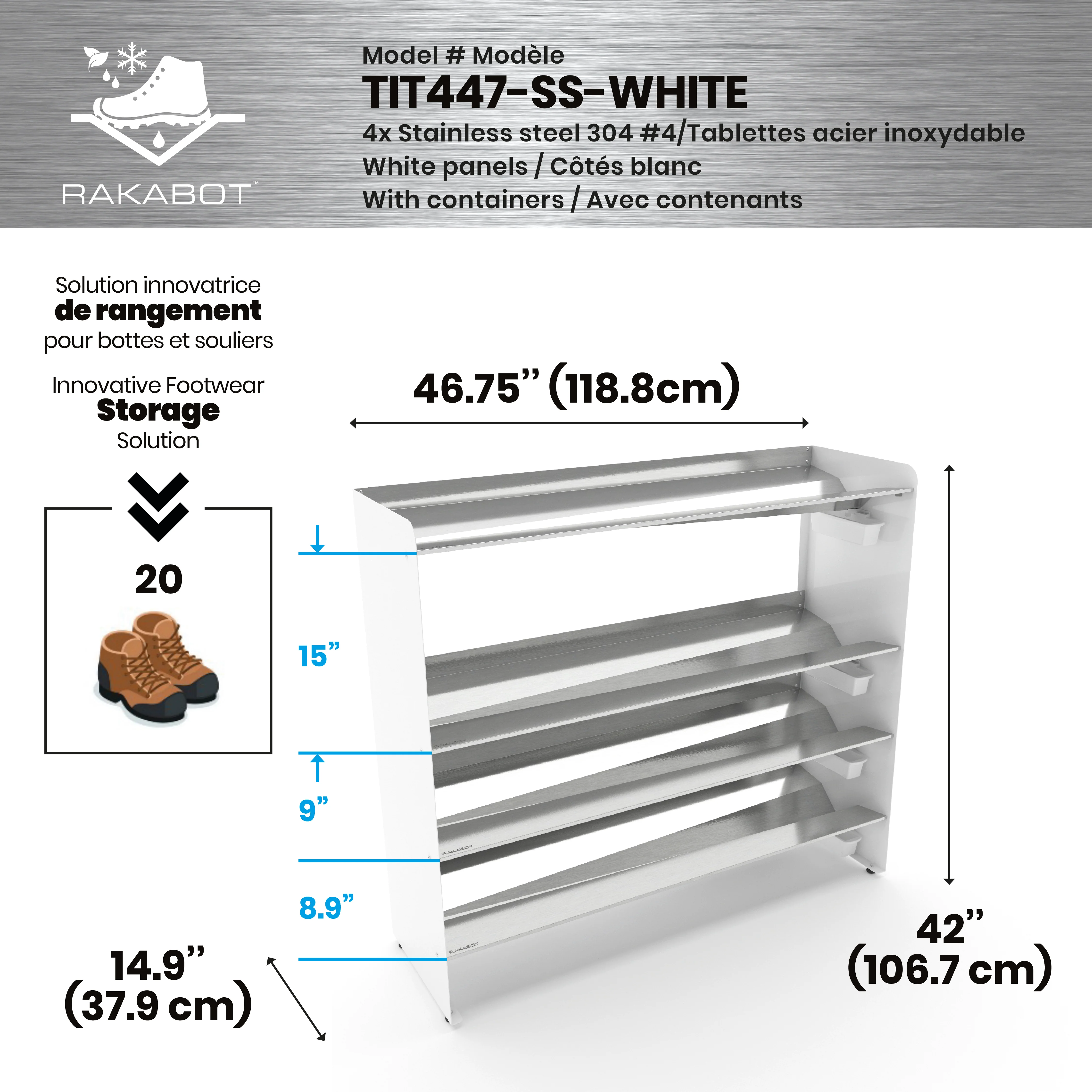 Commercial Boot Rack 47" wide - Rustproof Channeling Water Into Containers 2 to 8 Shelves Rakabot Titan - Image 101