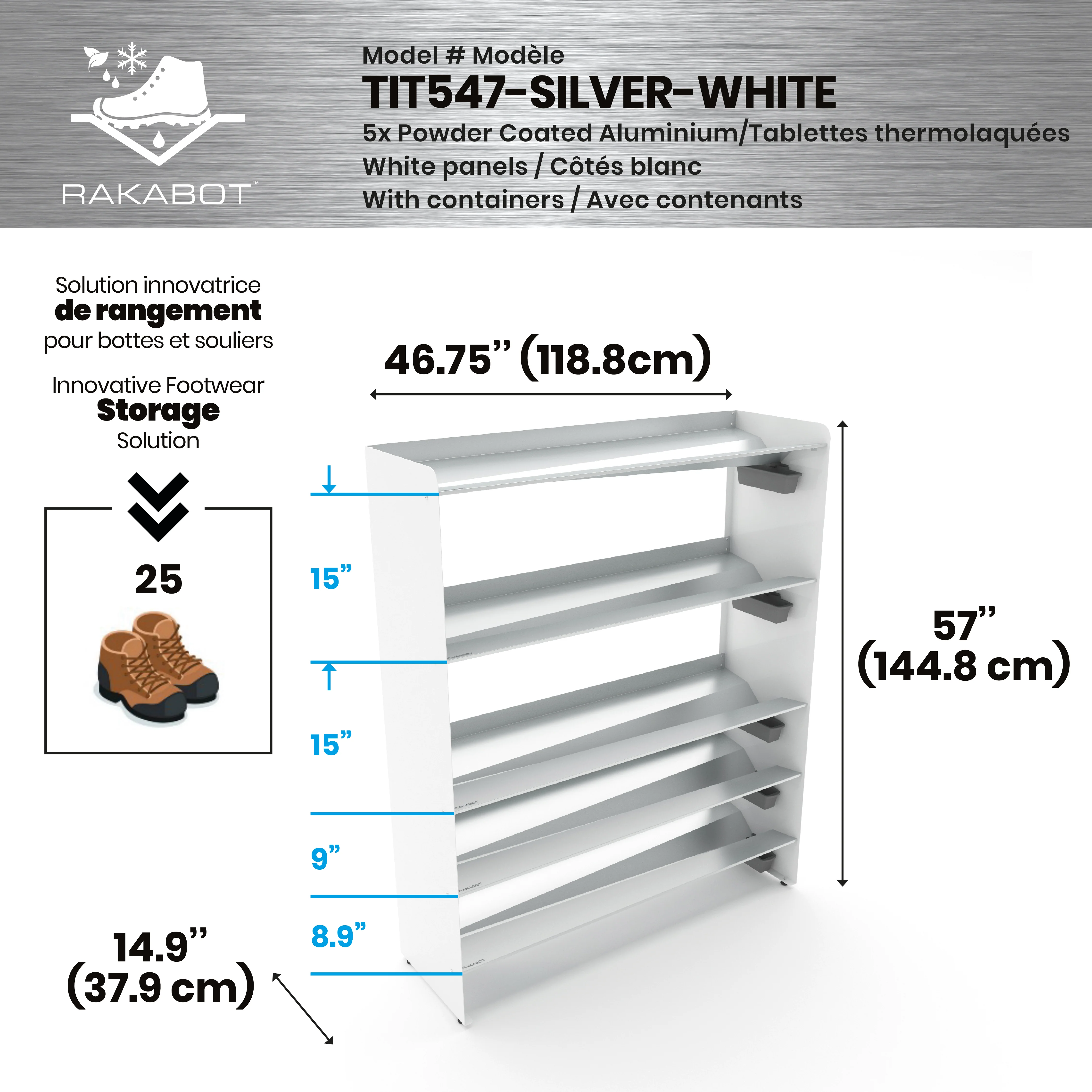 Commercial Boot Rack 47" wide - Rustproof Channeling Water Into Containers 2 to 8 Shelves Rakabot Titan - Image 103
