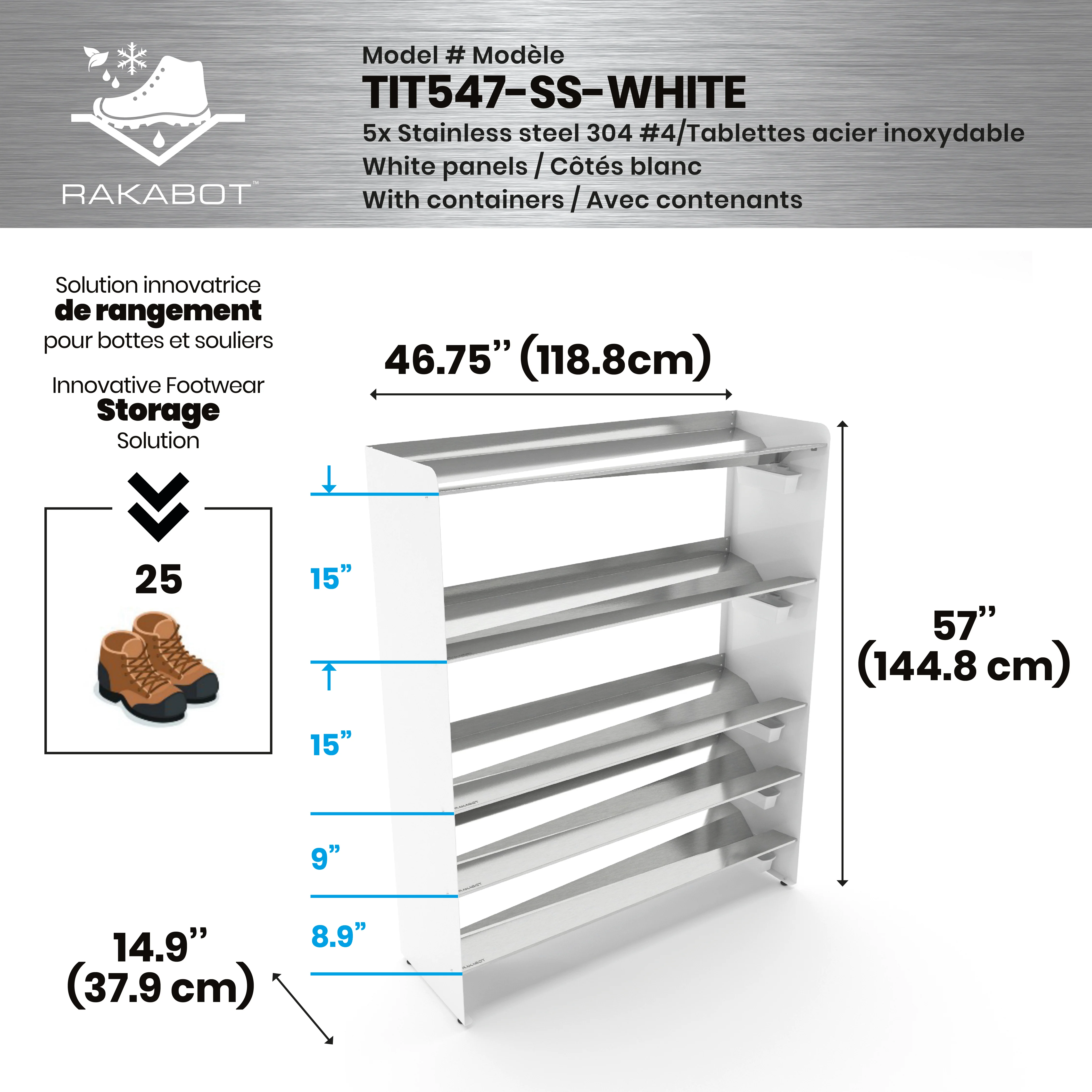 Commercial Boot Rack 47" wide - Rustproof Channeling Water Into Containers 2 to 8 Shelves Rakabot Titan - Image 105