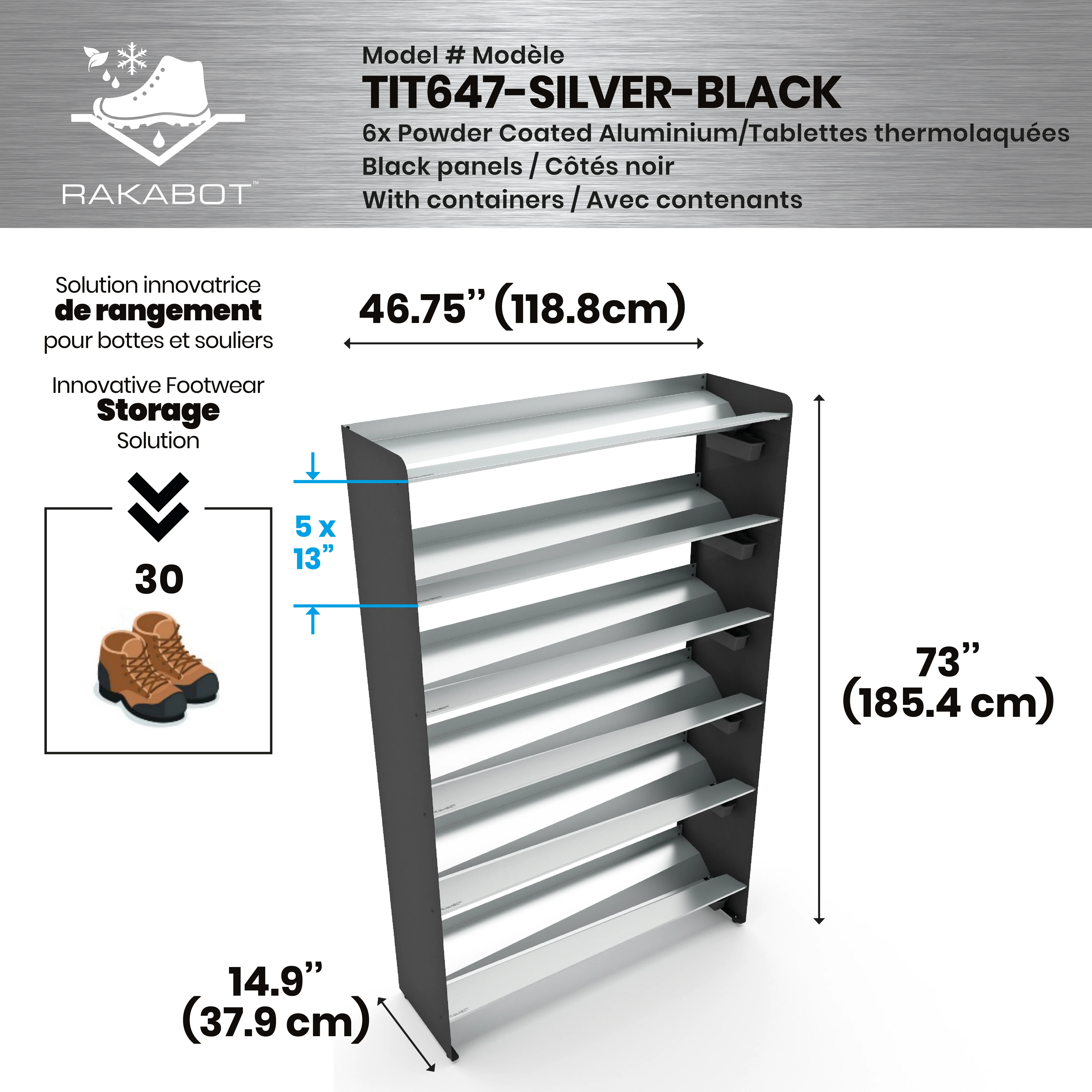 Commercial Boot Rack 47" wide - Rustproof Channeling Water Into Containers 2 to 8 Shelves Rakabot Titan - Image 106