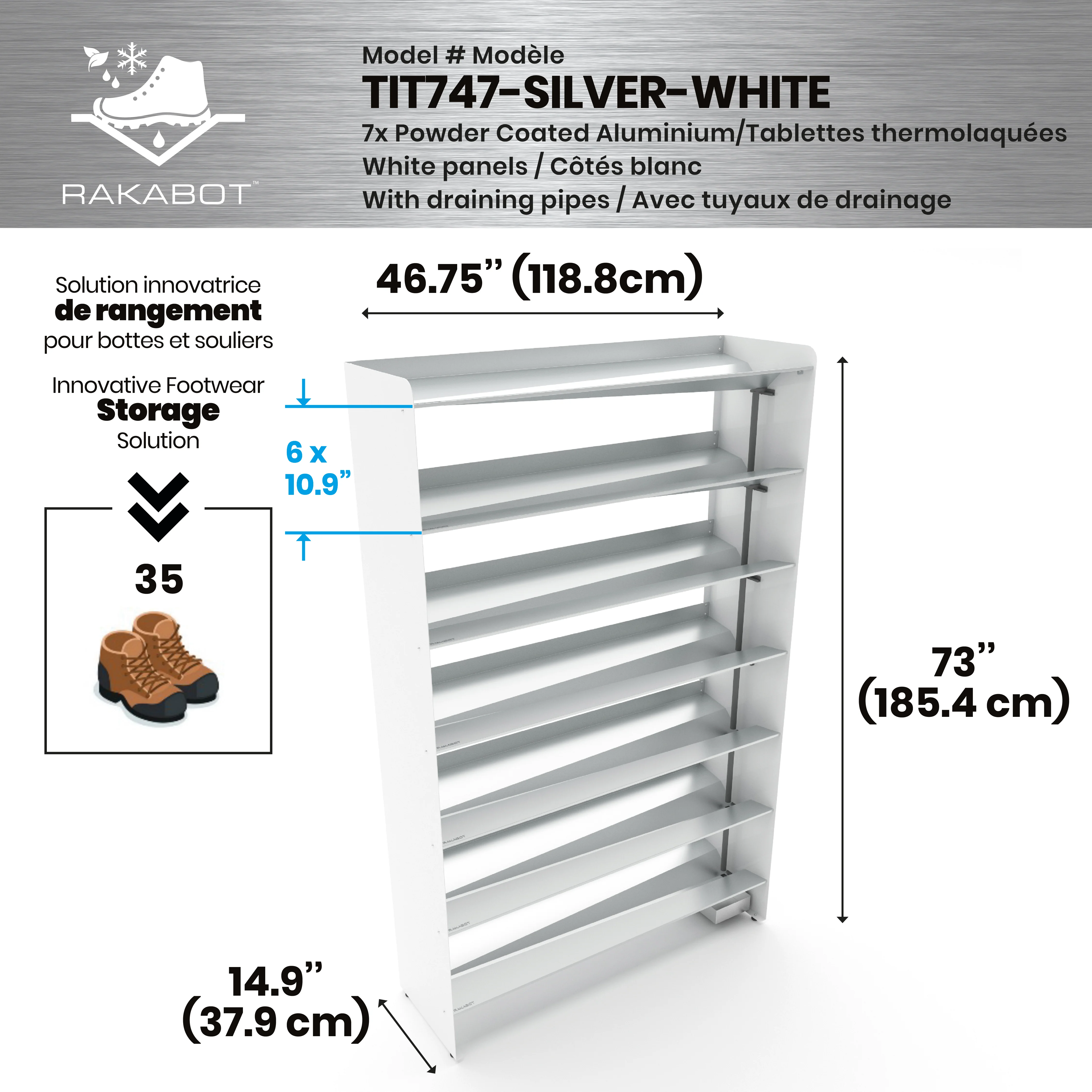 Commercial Boot Rack 47" wide - Rustproof Channeling Water Into Containers 2 to 8 Shelves Rakabot Titan - Image 111