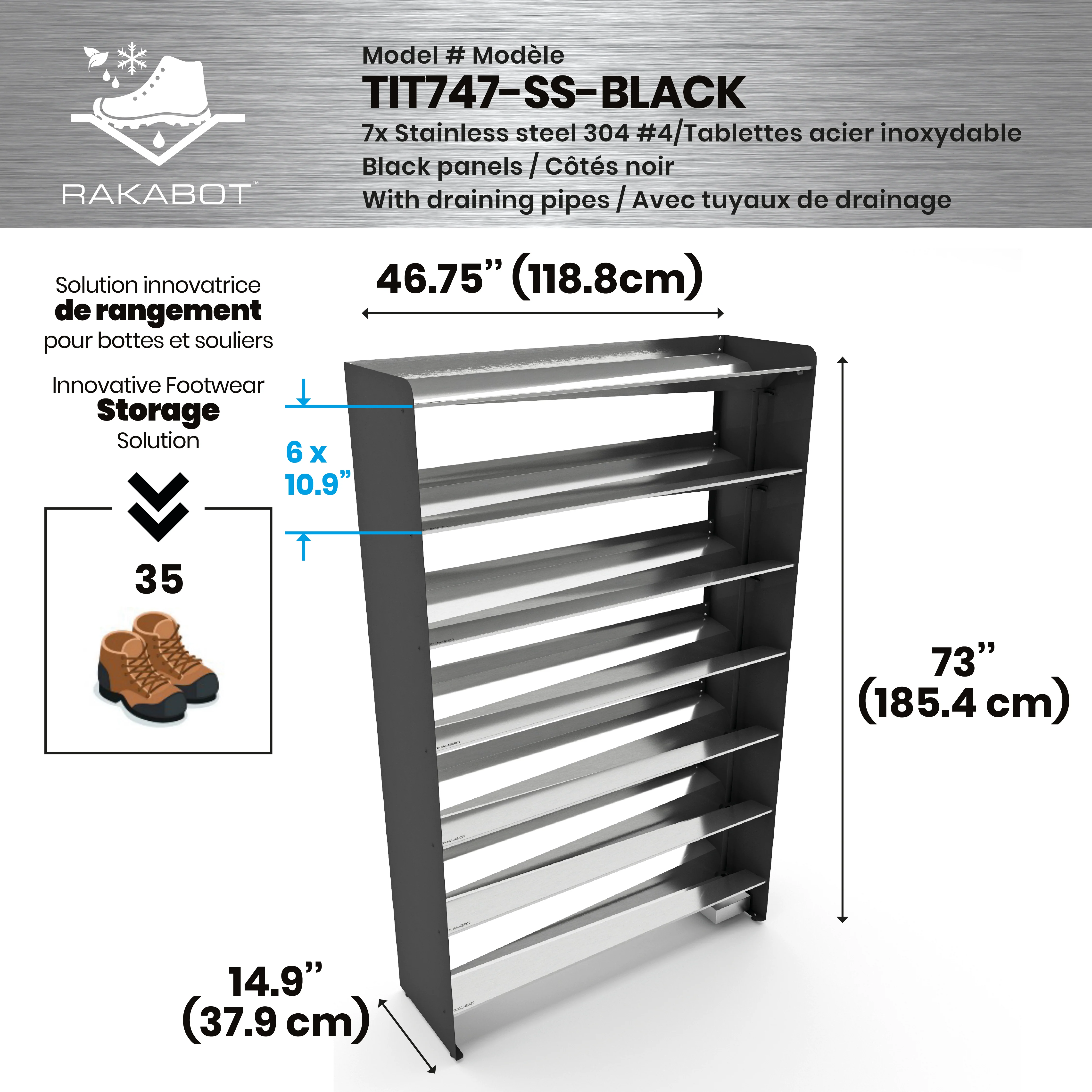Commercial Boot Rack 47" wide - Rustproof Channeling Water Into Containers 2 to 8 Shelves Rakabot Titan - Image 112