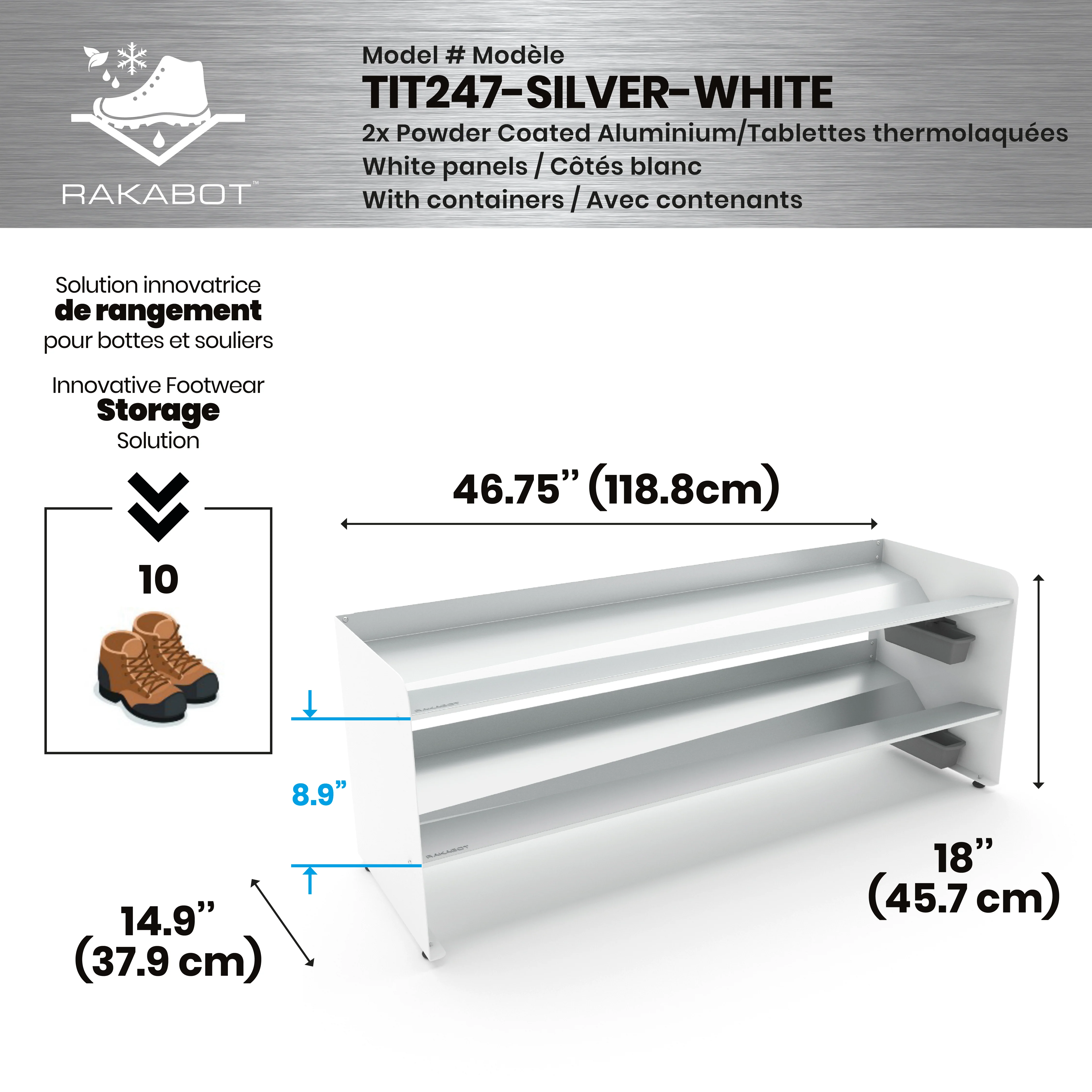 Commercial Boot Rack 47" wide - Rustproof Channeling Water Into Containers 2 to 8 Shelves Rakabot Titan - Image 115