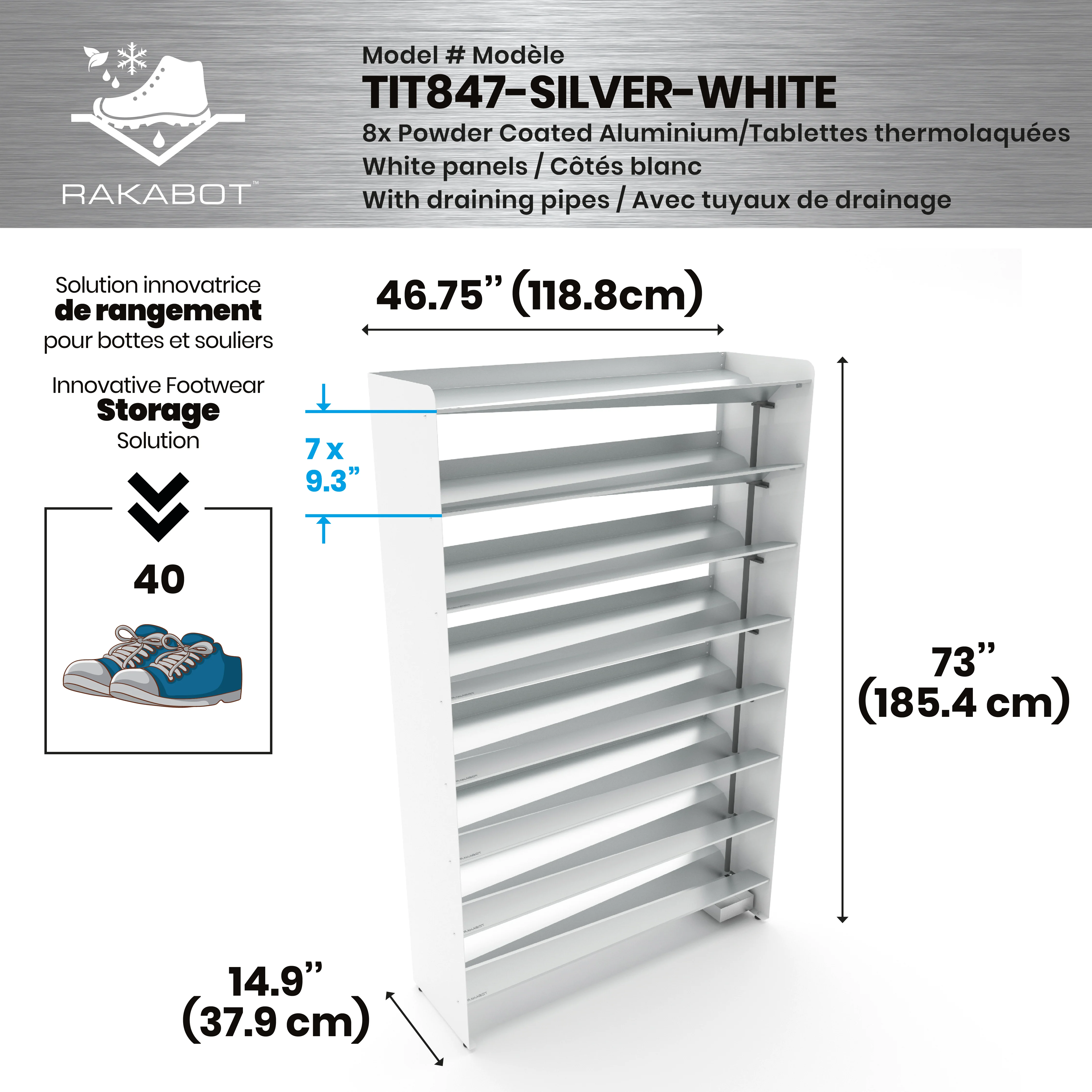 Commercial Boot Rack 47" wide - Rustproof Channeling Water Into Containers 2 to 8 Shelves Rakabot Titan - Image 119
