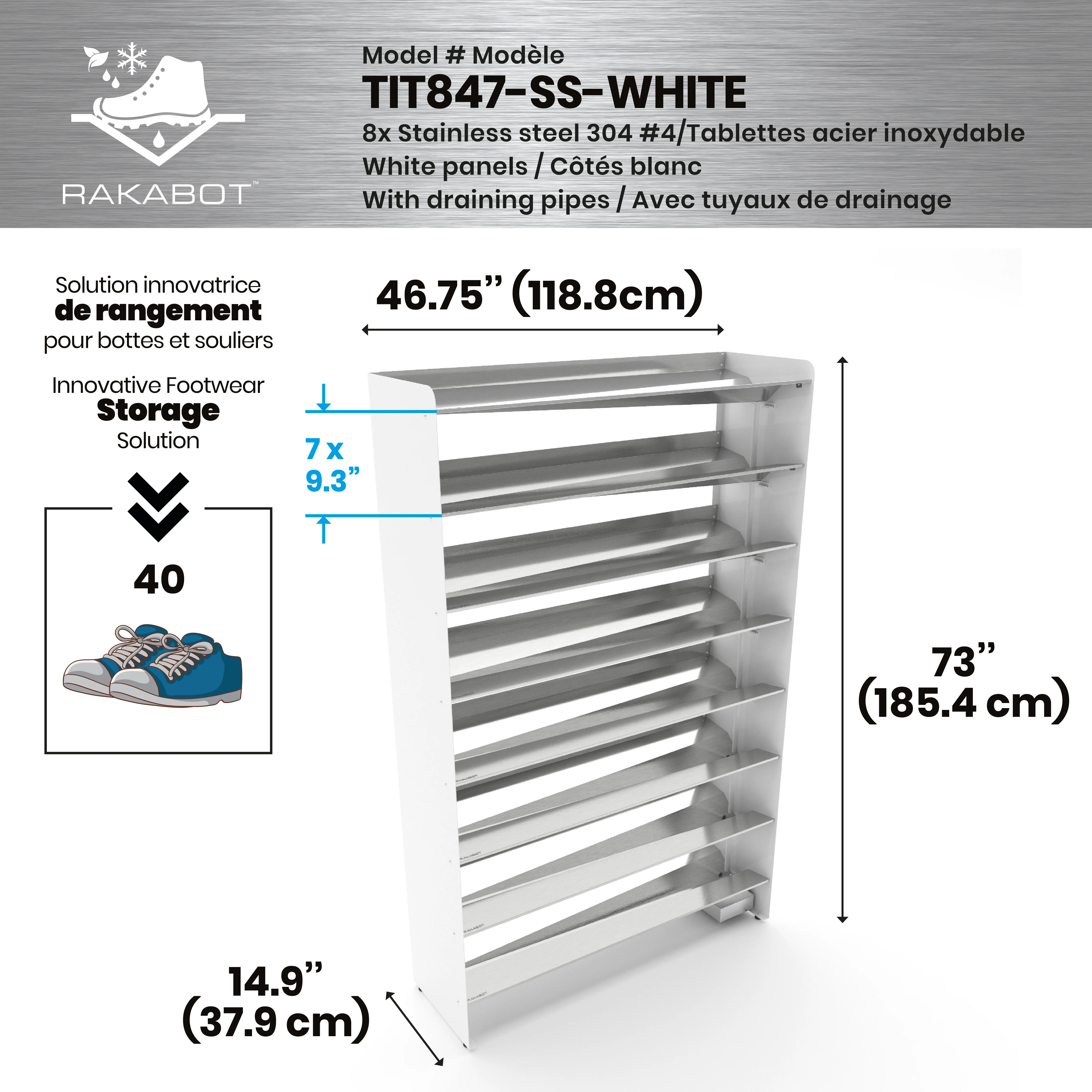 Commercial Boot Rack 47" wide - Rustproof Channeling Water Into Containers 2 to 8 Shelves Rakabot Titan - Image 121