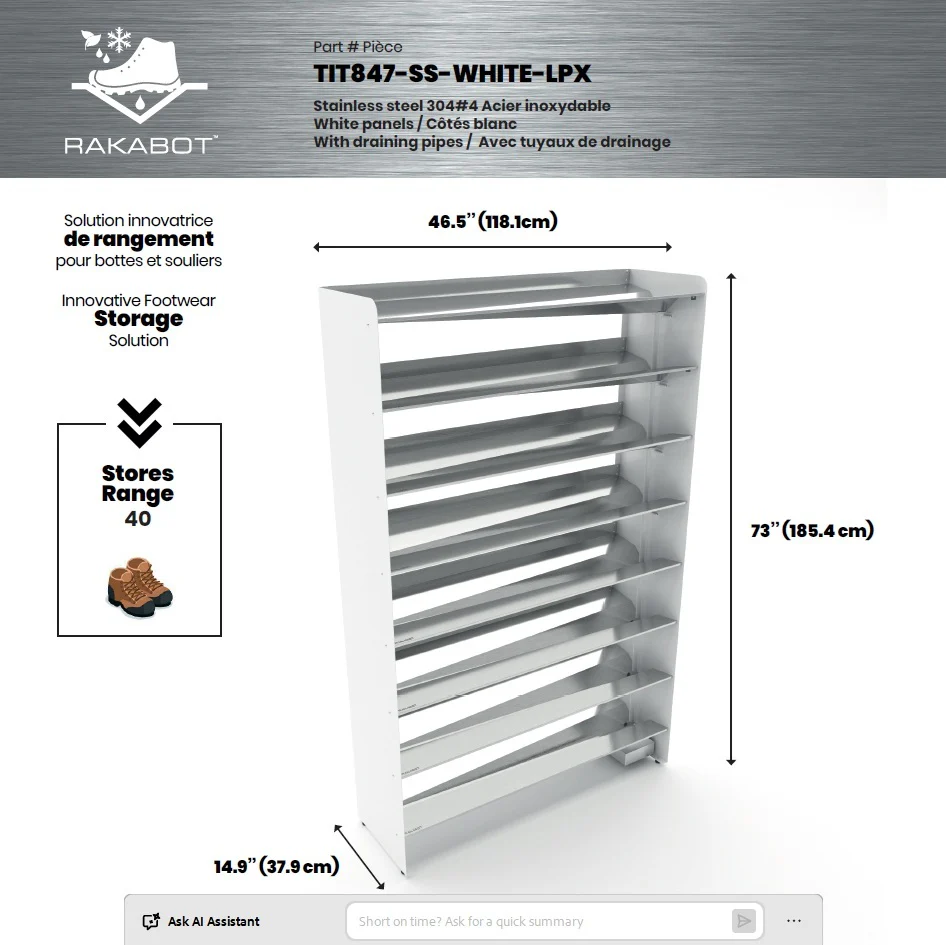 Commercial Boot Rack 47" wide - Rustproof Channeling Water Into Containers 2 to 8 Shelves Rakabot Titan - Image 64