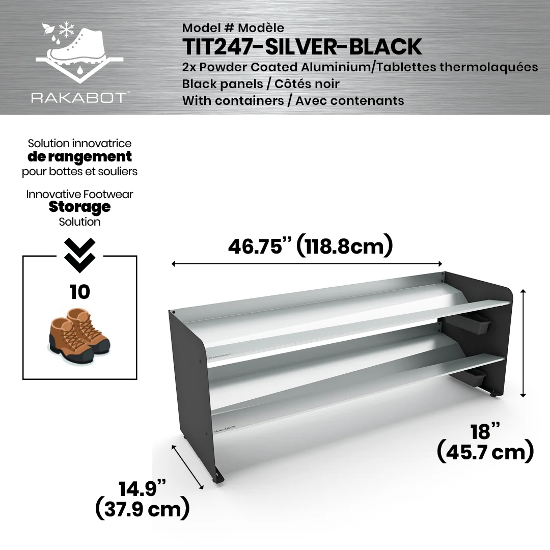 Commercial Boot Rack 47" wide - Rustproof Channeling Water Into Containers 2 to 8 Shelves Rakabot Titan - Image 66
