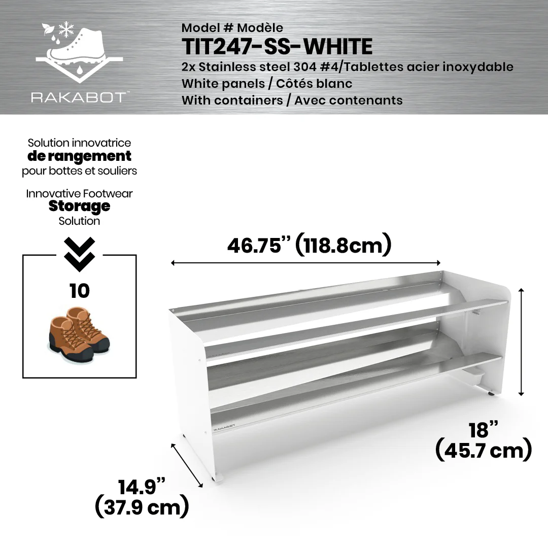 Commercial Boot Rack 47" wide - Rustproof Channeling Water Into Containers 2 to 8 Shelves Rakabot Titan - Image 68