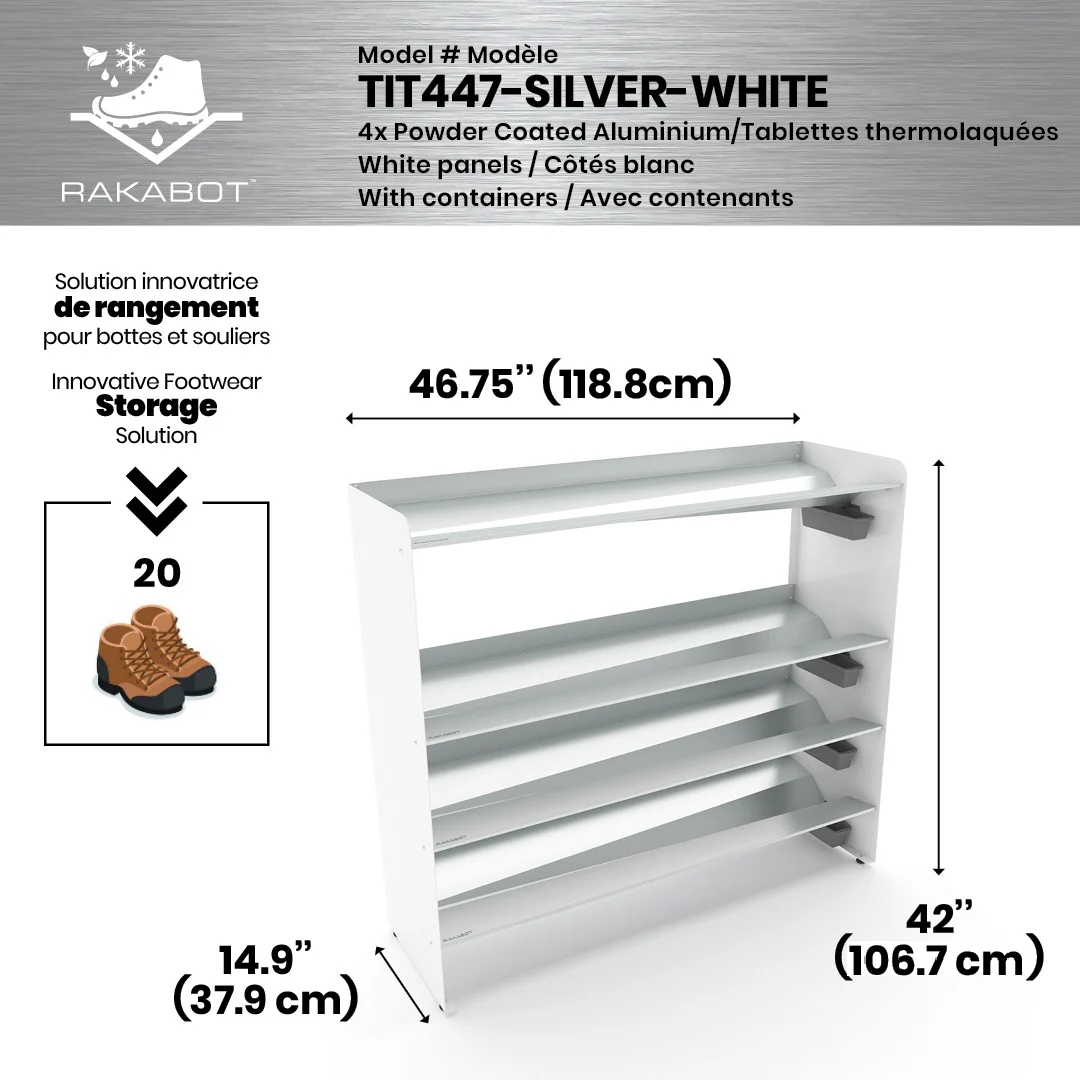 Commercial Boot Rack 47" wide - Rustproof Channeling Water Into Containers 2 to 8 Shelves Rakabot Titan - Image 71