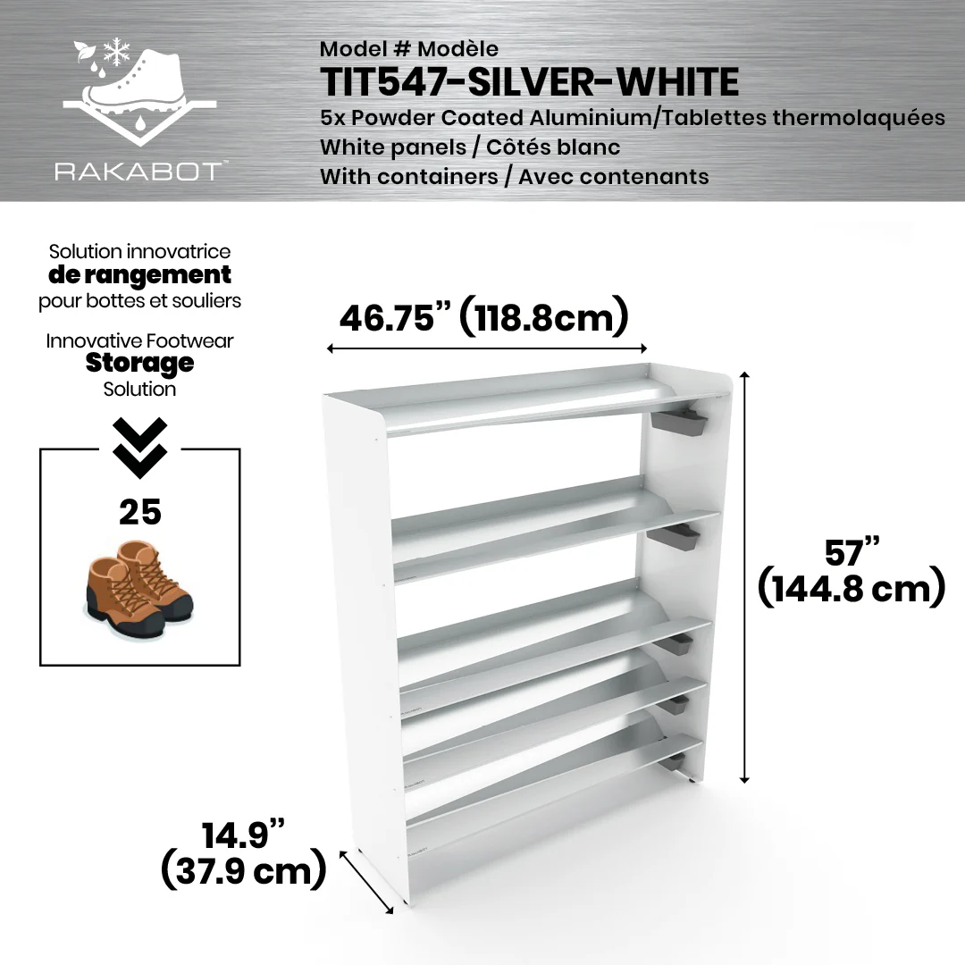 Commercial Boot Rack 47" wide - Rustproof Channeling Water Into Containers 2 to 8 Shelves Rakabot Titan - Image 75
