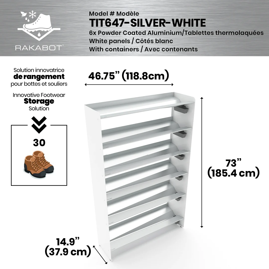 Commercial Boot Rack 47" wide - Rustproof Channeling Water Into Containers 2 to 8 Shelves Rakabot Titan - Image 79