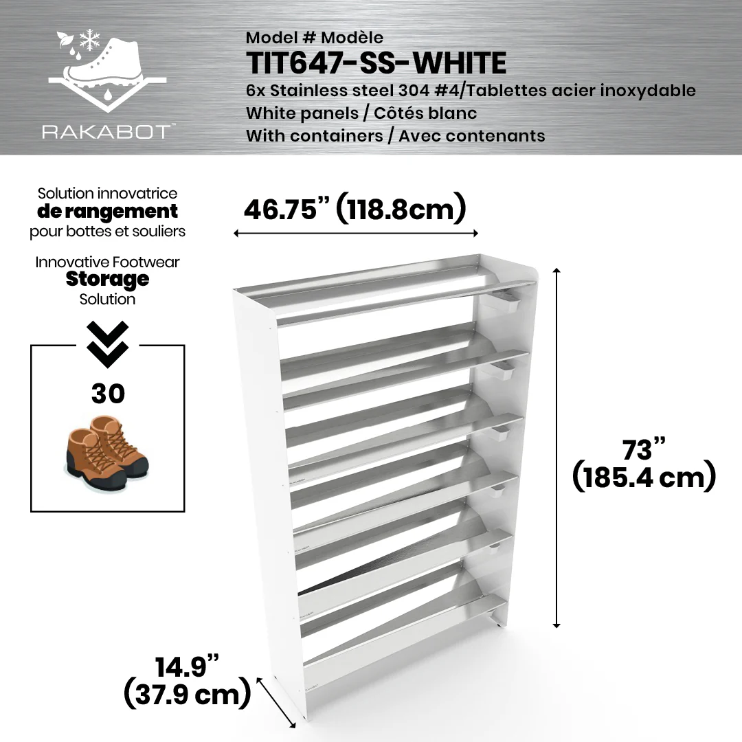 Commercial Boot Rack 47" wide - Rustproof Channeling Water Into Containers 2 to 8 Shelves Rakabot Titan - Image 80