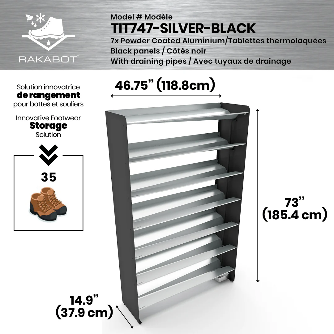 Commercial Boot Rack 47" wide - Rustproof Channeling Water Into Containers 2 to 8 Shelves Rakabot Titan - Image 81