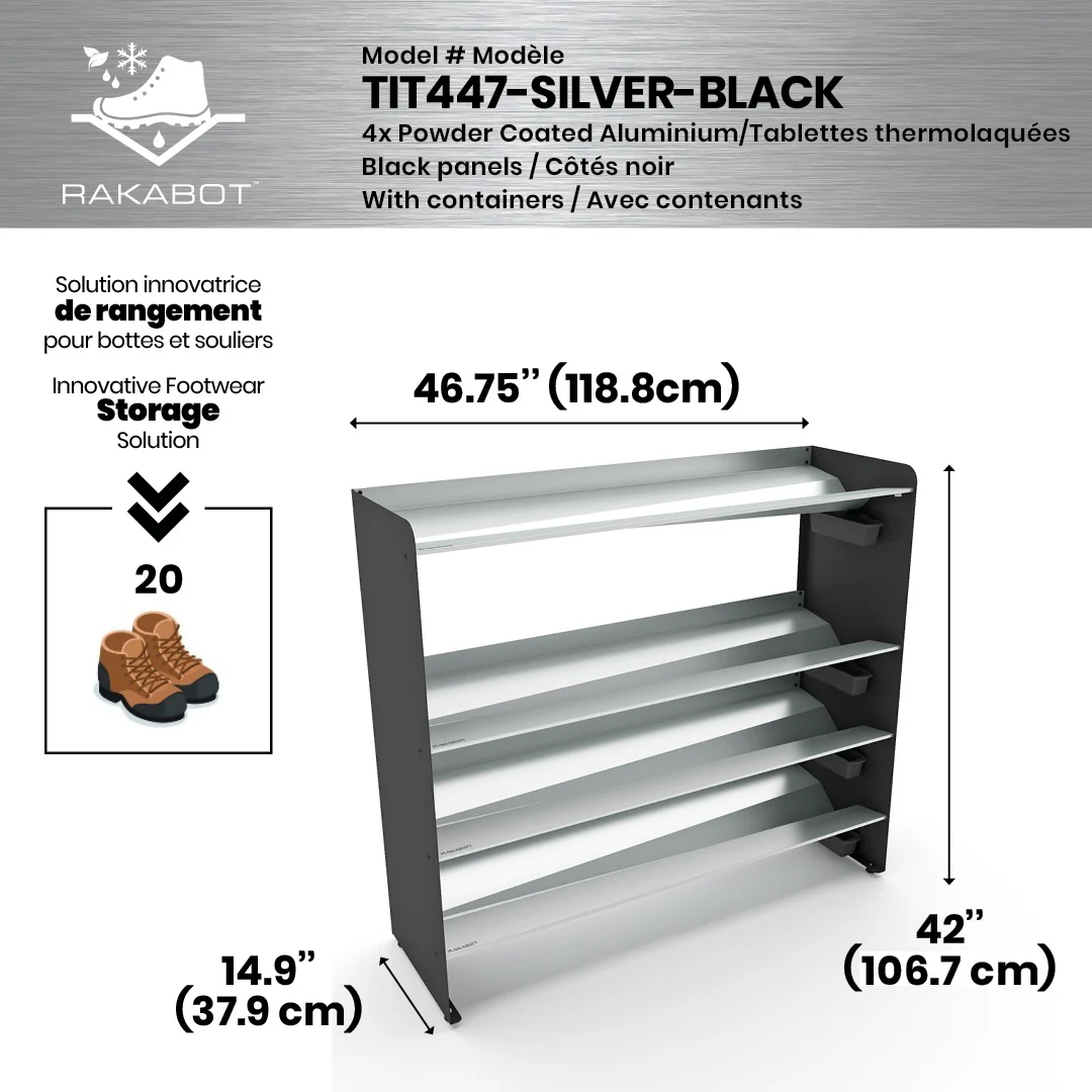 Commercial Boot Rack 47" wide - Rustproof Channeling Water Into Containers 2 to 8 Shelves Rakabot Titan - Image 87
