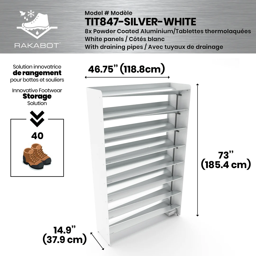 Commercial Boot Rack 47" wide - Rustproof Channeling Water Into Containers 2 to 8 Shelves Rakabot Titan - Image 89