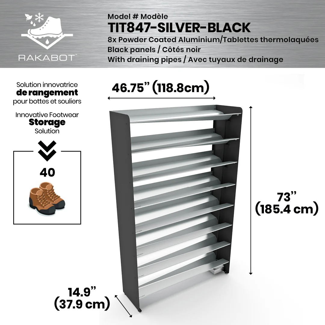 Commercial Boot Rack 47" wide - Rustproof Channeling Water Into Containers 2 to 8 Shelves Rakabot Titan - Image 91