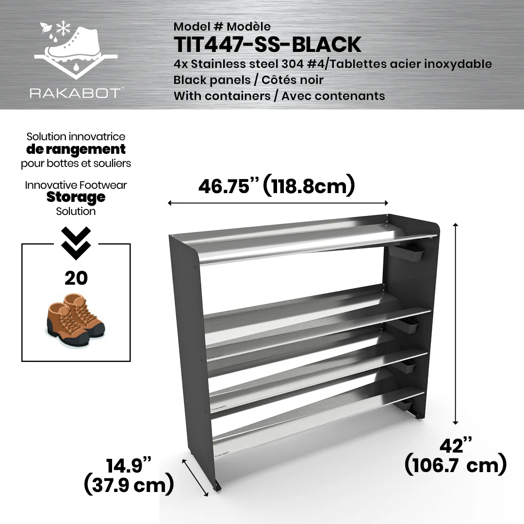 Commercial Boot Rack 47" wide - Rustproof Channeling Water Into Containers 2 to 8 Shelves Rakabot Titan - Image 92