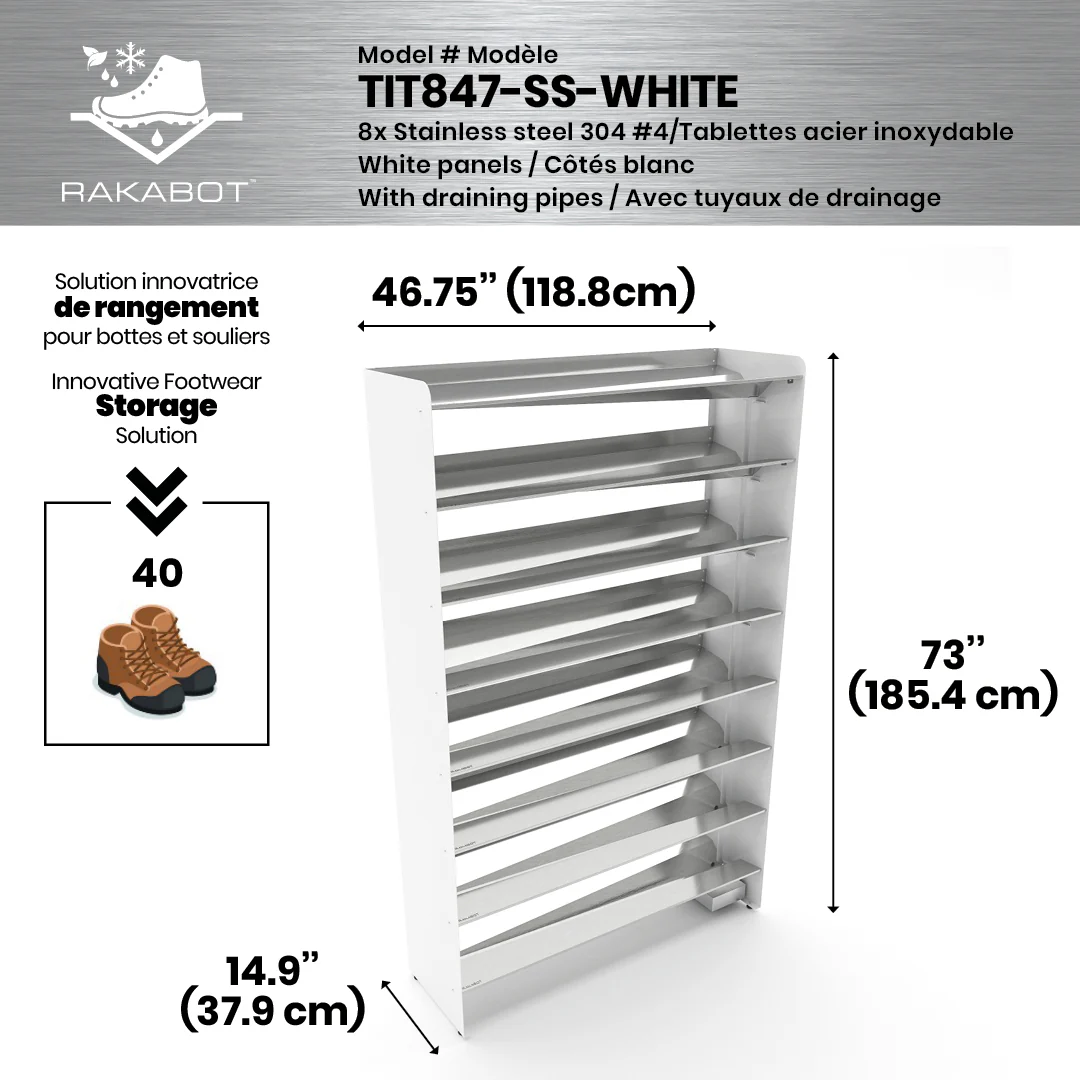 Commercial Boot Rack 47" wide - Rustproof Channeling Water Into Containers 2 to 8 Shelves Rakabot Titan - Image 93