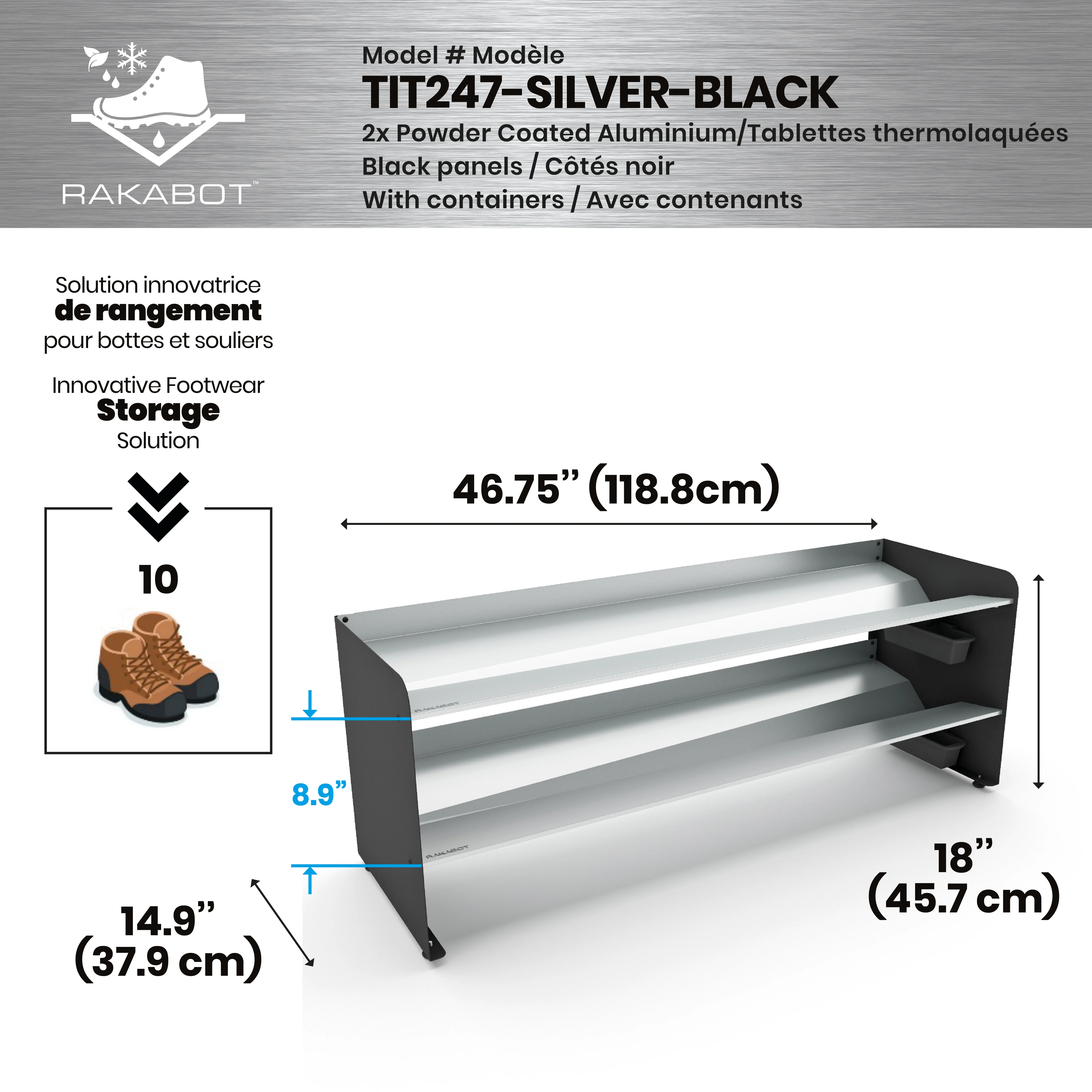 Commercial Boot Rack 47" wide - Rustproof Channeling Water Into Containers 2 to 8 Shelves Rakabot Titan - Image 94