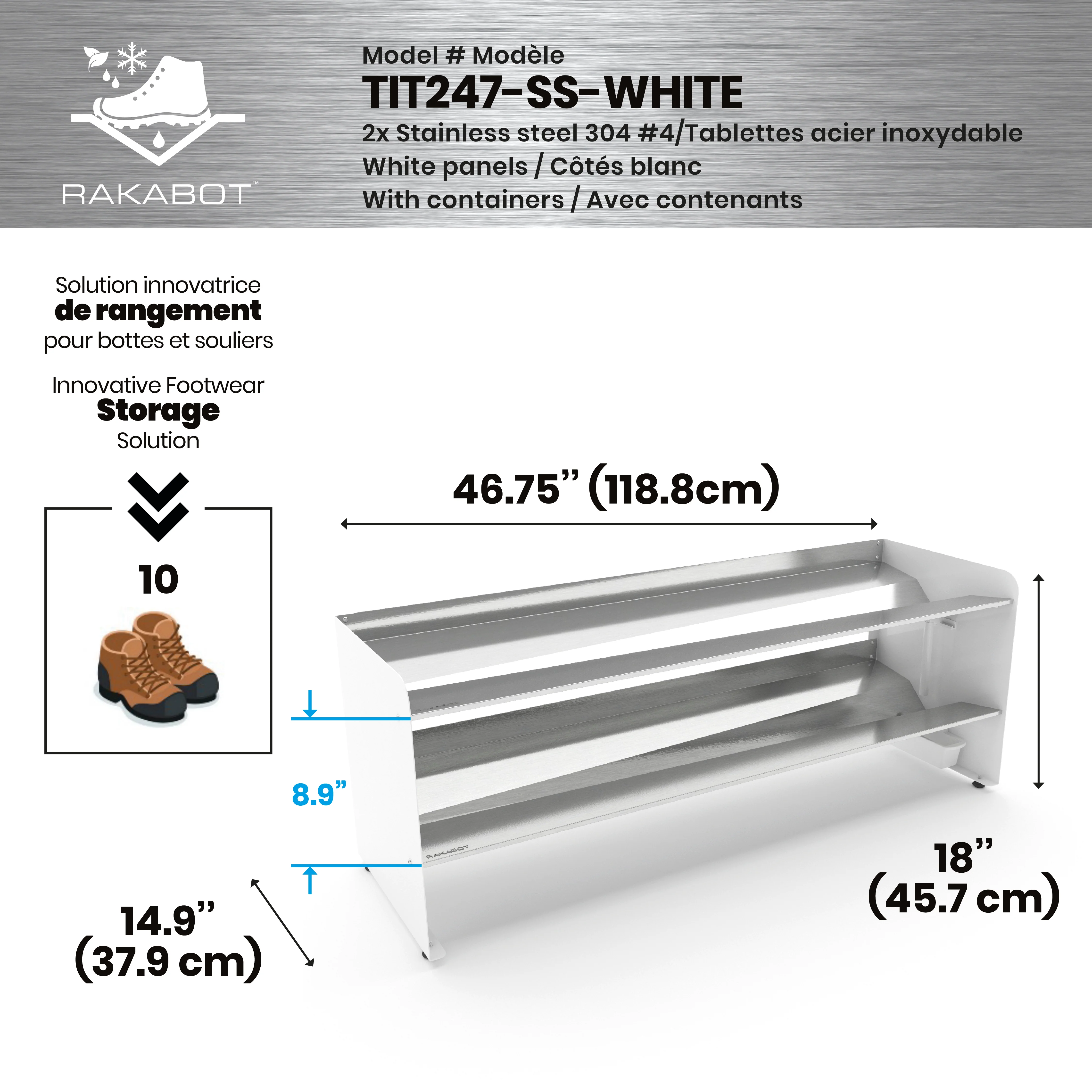 Commercial Boot Rack 47" wide - Rustproof Channeling Water Into Containers 2 to 8 Shelves Rakabot Titan - Image 95
