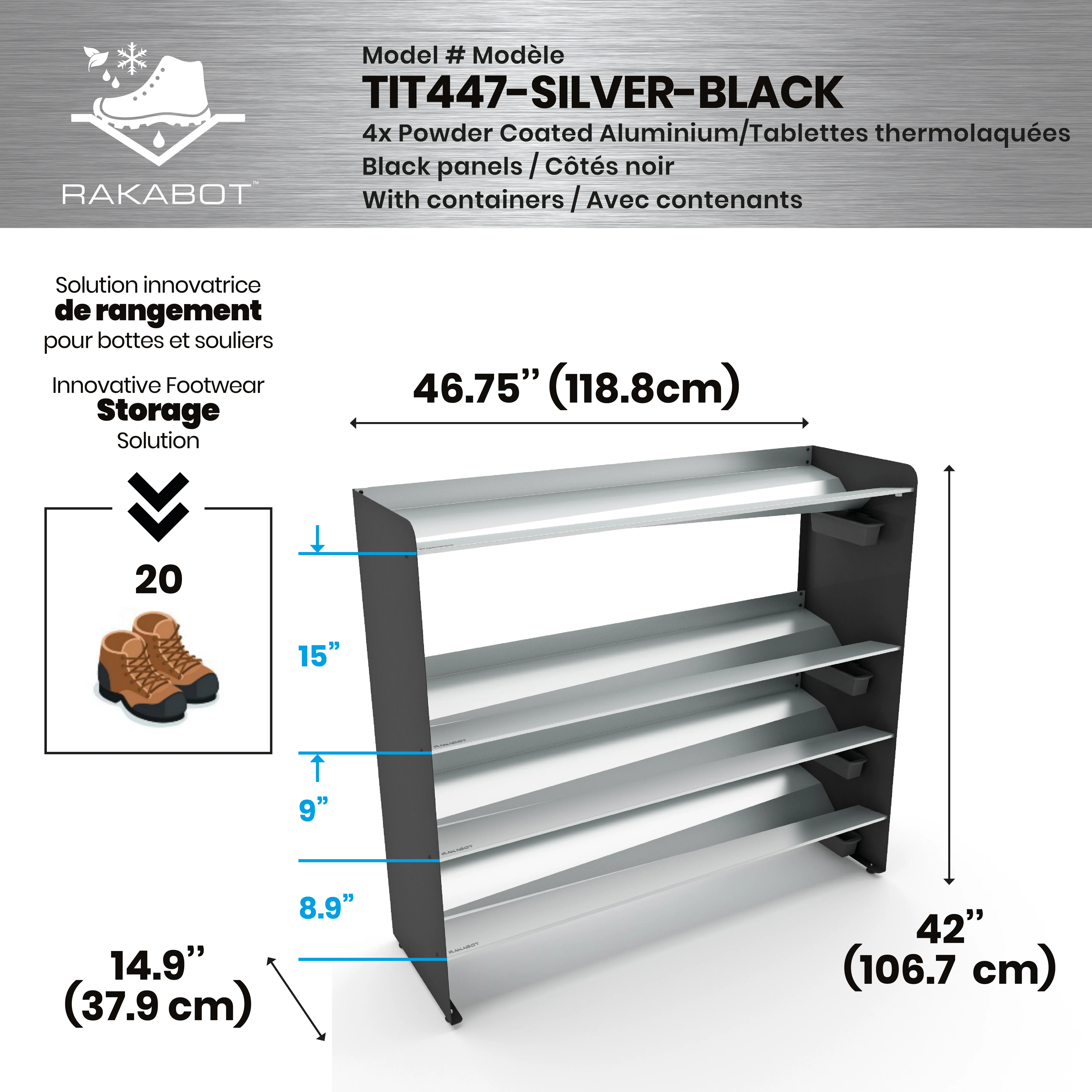 Commercial Boot Rack 47" wide - Rustproof Channeling Water Into Containers 2 to 8 Shelves Rakabot Titan - Image 98