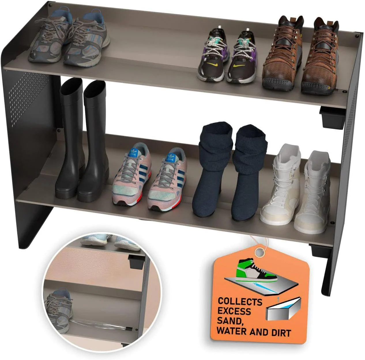 Chic Winter Metal Boot Rack 33" wide - Rustproof Channeling Water Into Containers - 2 tier / 7 pairs Rakabot Signature - Image 4