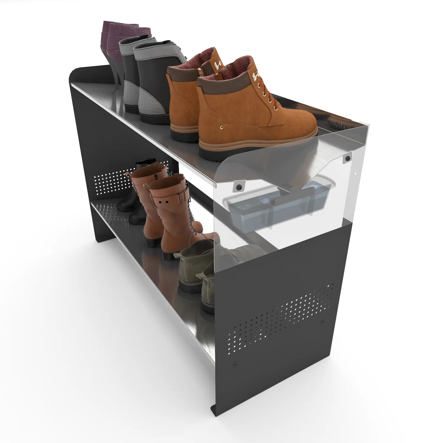 Chic Winter Metal Boot Rack 33" wide - Rustproof Channeling Water Into Containers - 2 tier / 7 pairs Rakabot Signature - Image 5