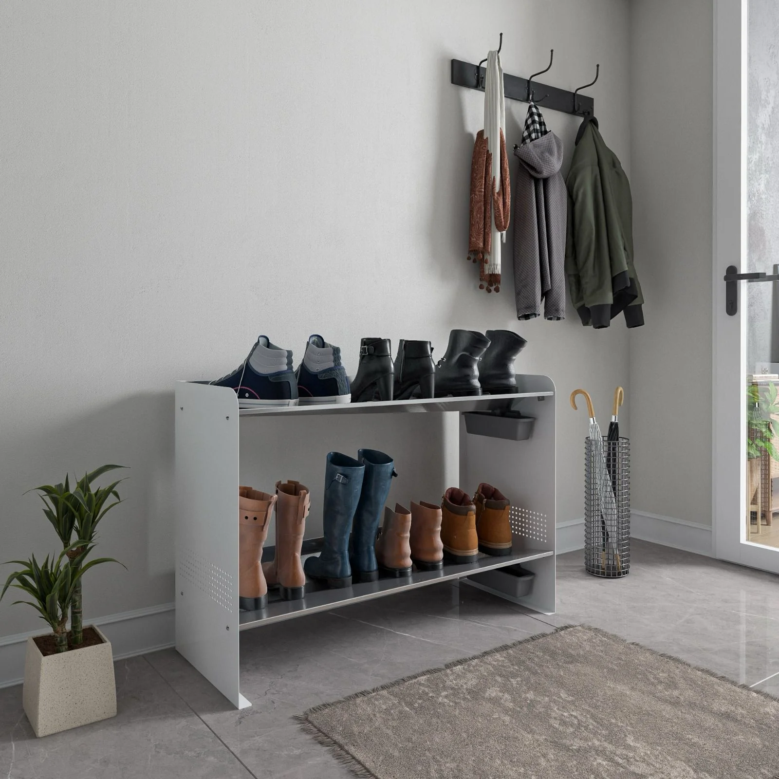 Chic Winter Metal Boot Rack 33" wide - Rustproof Channeling Water Into Containers - 2 tier / 7 pairs Rakabot Signature - Image 8
